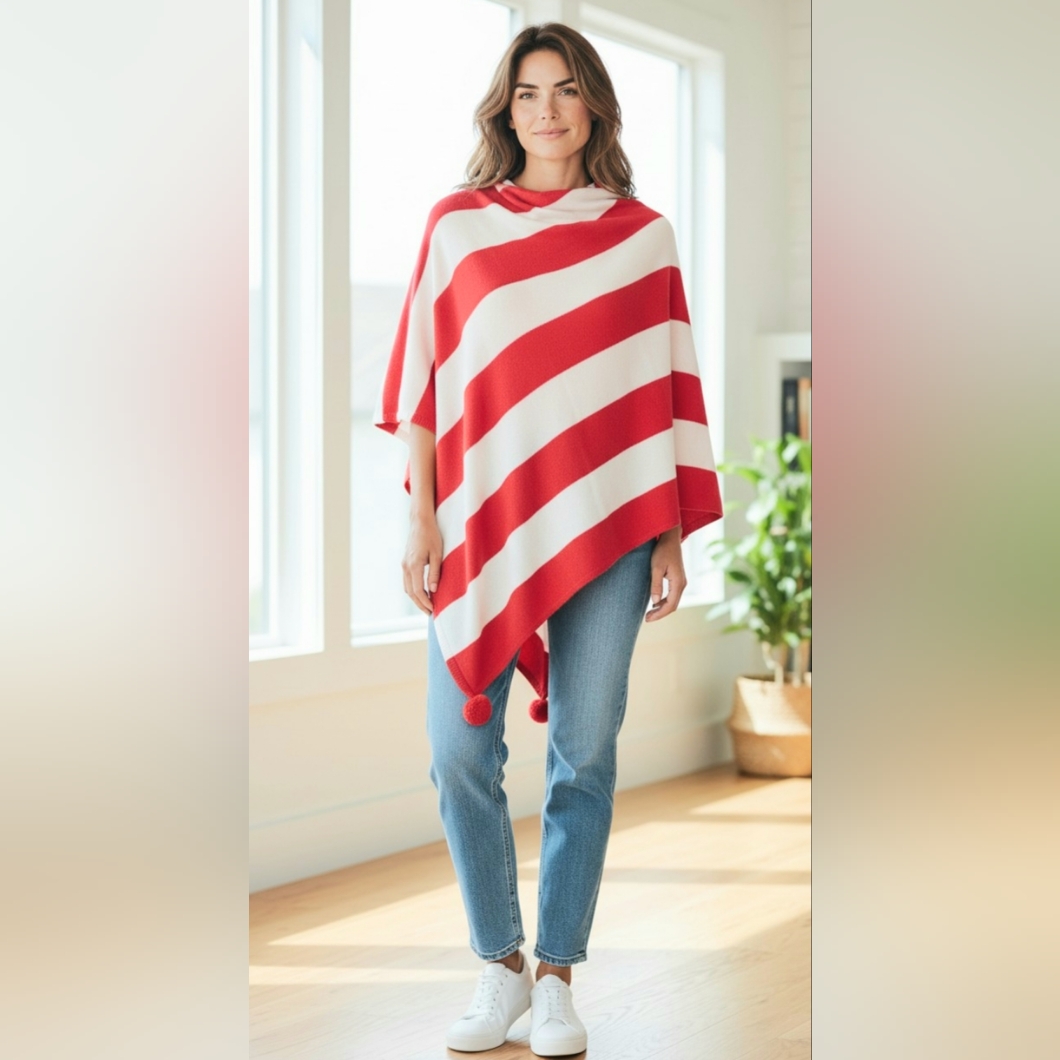 Sara Campbell Vibrant Red And White Poncho